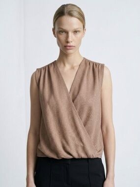 Alice + Olivia Golden Brown shimmer faux wrap ~ V neck Blouse Small